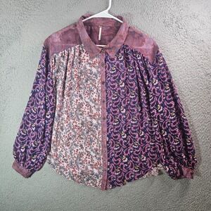 Free People Shirt Top Women Small Button Up Two Tone  Long Sleeve Multicolor